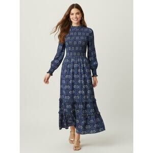 Pink City Prints Isabel Smocked Tiered Maxi Dress Small Midnight Vine Blue